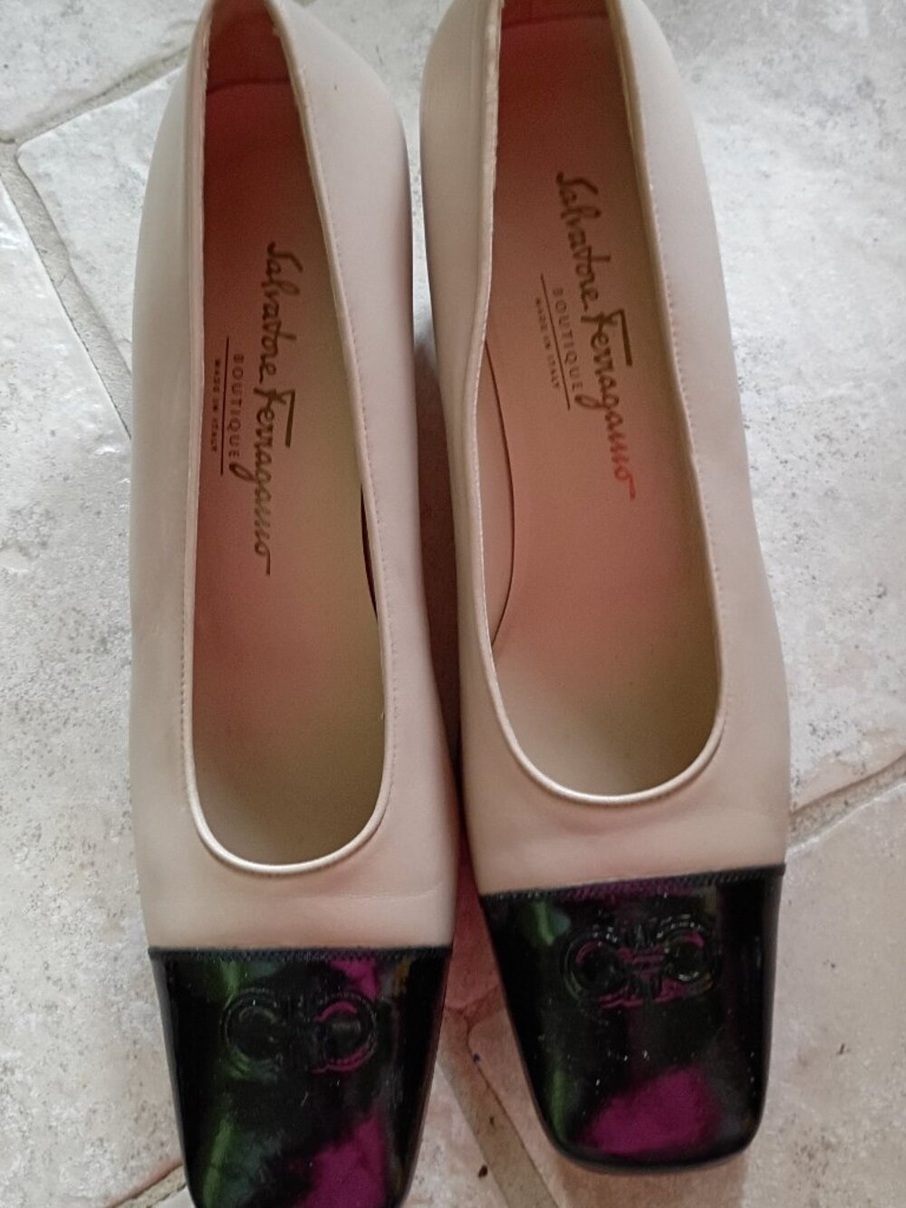 Salvatore Ferragamo beige black logo short block heel pumps